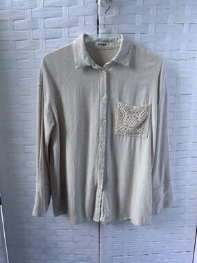 4Th & Reckless L Long Sleeve Button Up Granny Square Crochet Pocket Linen Blend